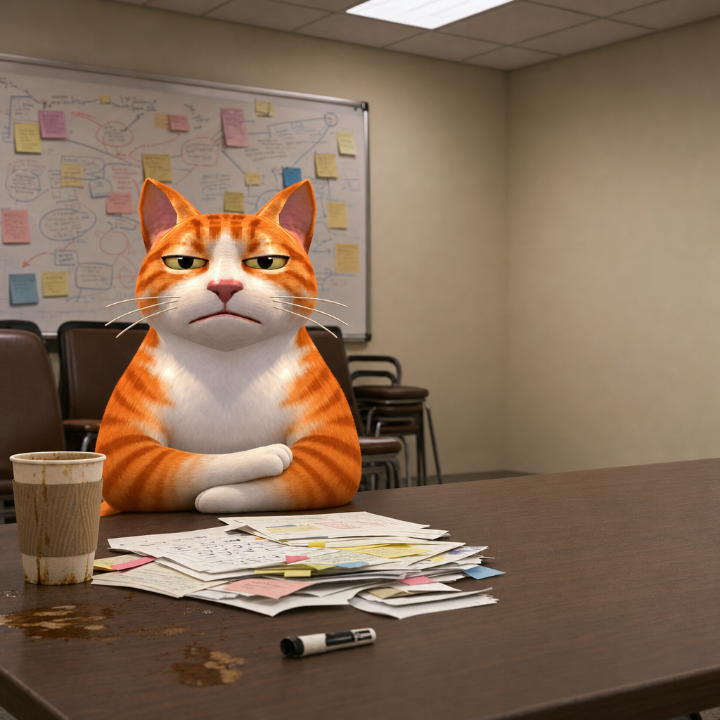 Bruh Cat seated at a conference table with arms folded, beside scattered papers, a stained coffee cup and a whiteboard of sticky notes